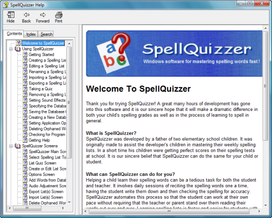 SpellQuizzer help screen